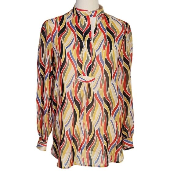 Anne Klein Multicolor Geometric Sheer Longsleeve Blouse Women's Size 2 - Picture 1 of 13